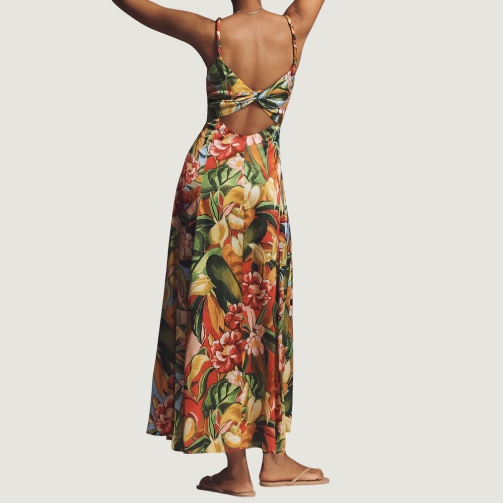 Farm Rio x Anthropologie Maxi Dress S Tropical Floral Bare Sweetheart Red Multi - Picture 2 of 7